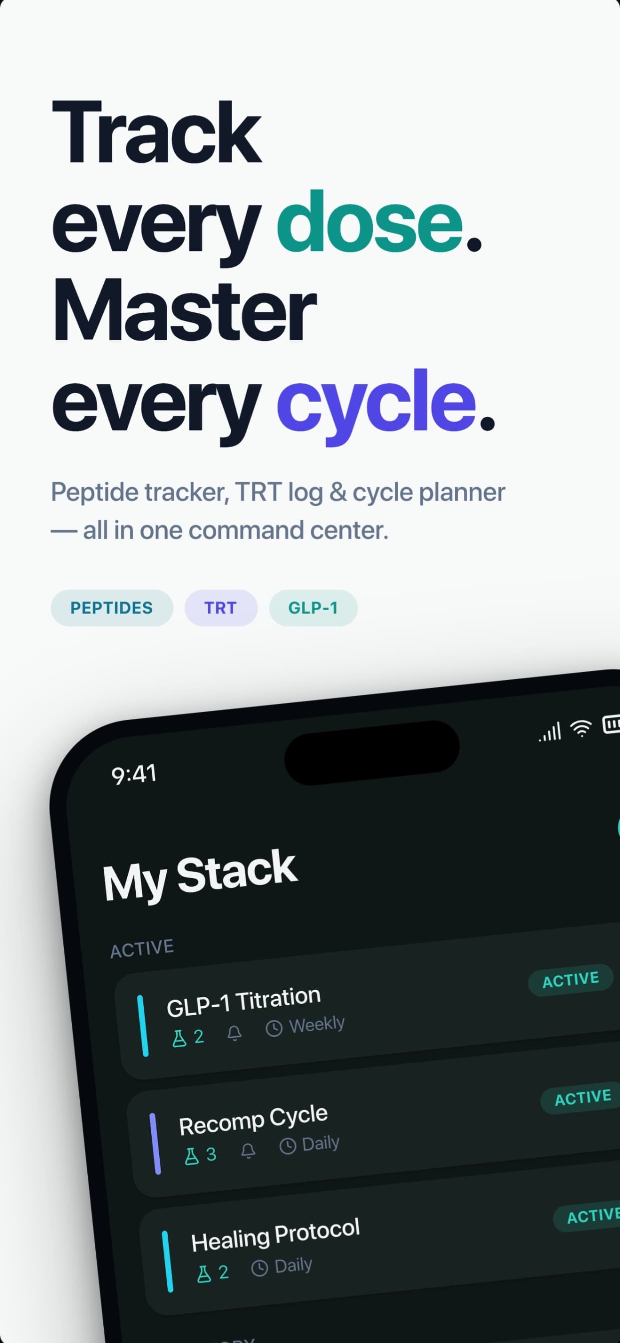 Track every dose. Master every cycle. The My Stack screen listing active protocols.