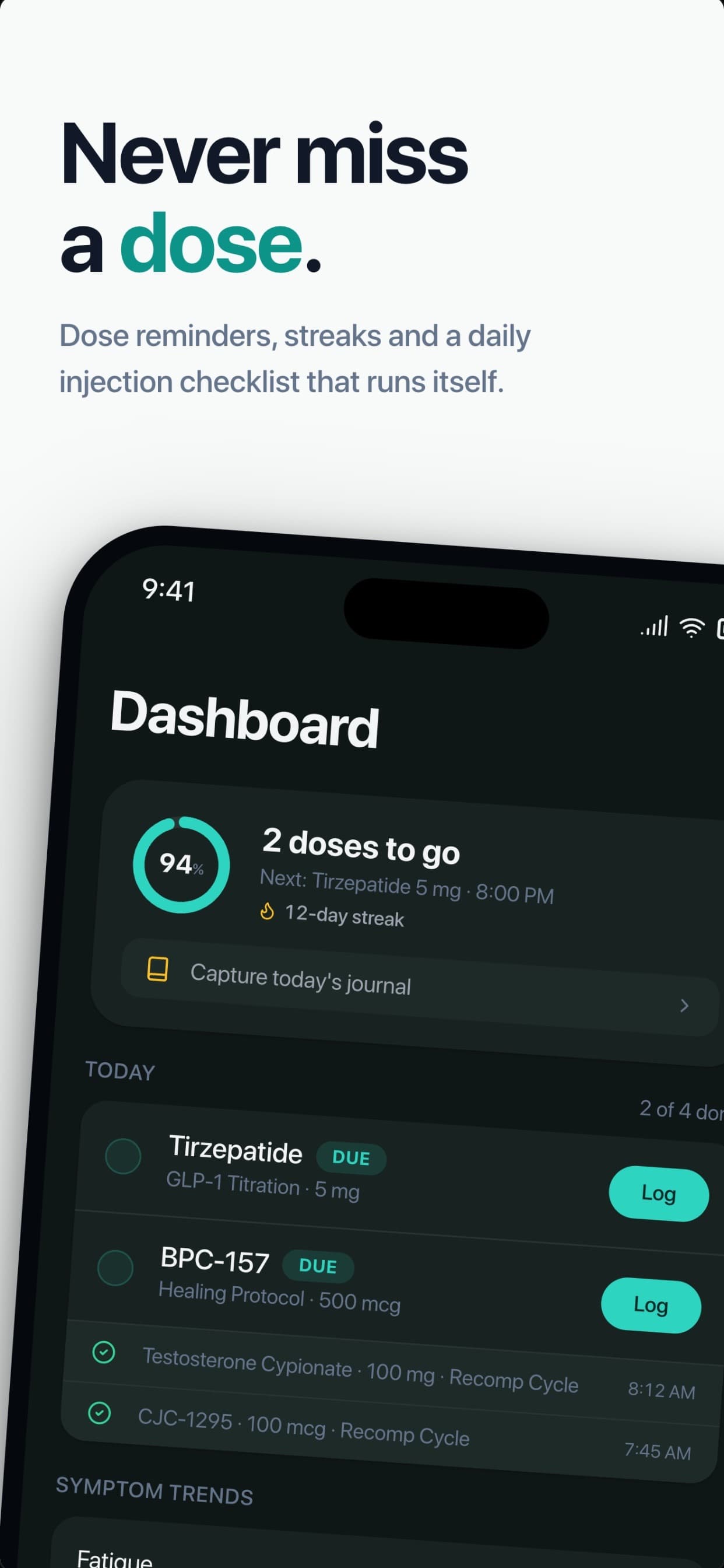 The StackTrackr dashboard showing today's doses and protocol status.