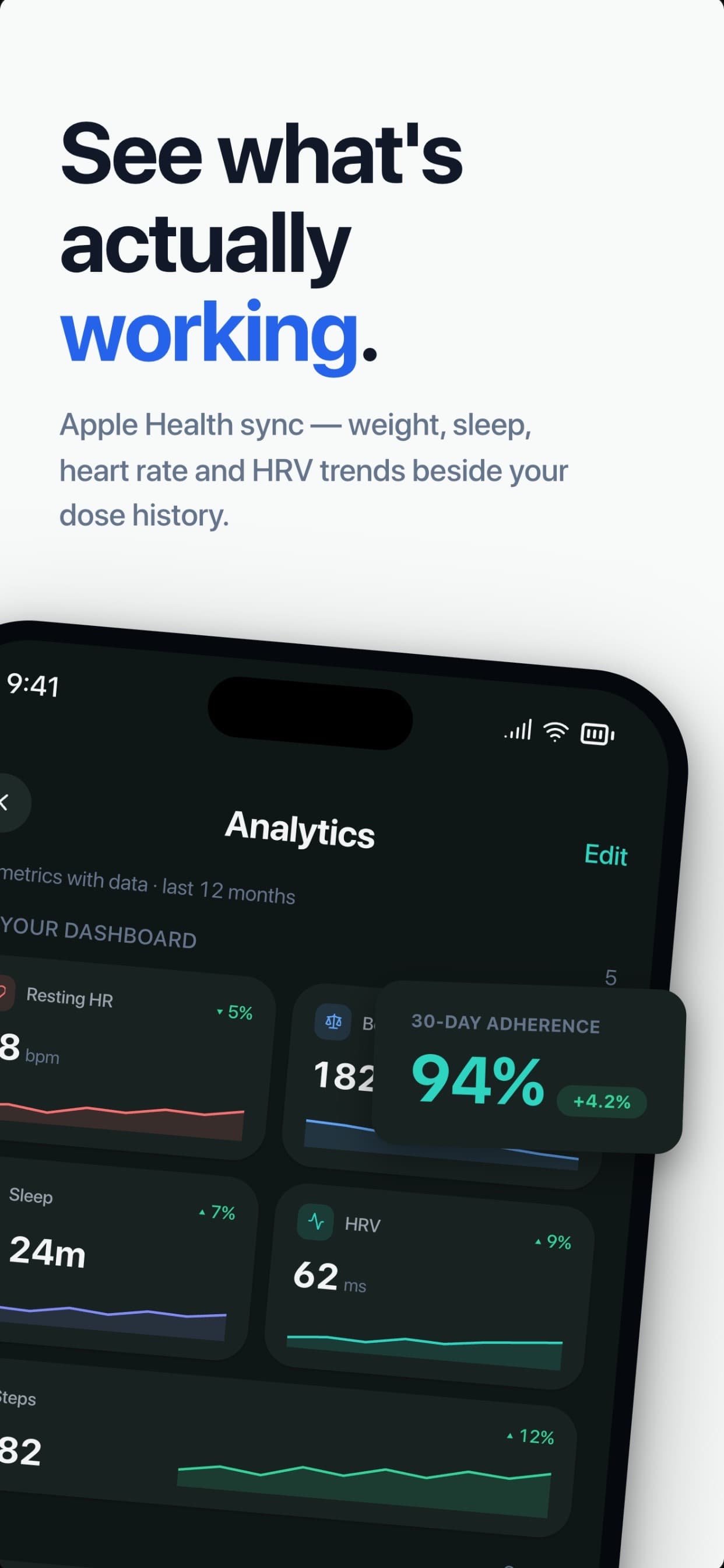 Analytics dashboard with Apple Health metrics and 30-day adherence.