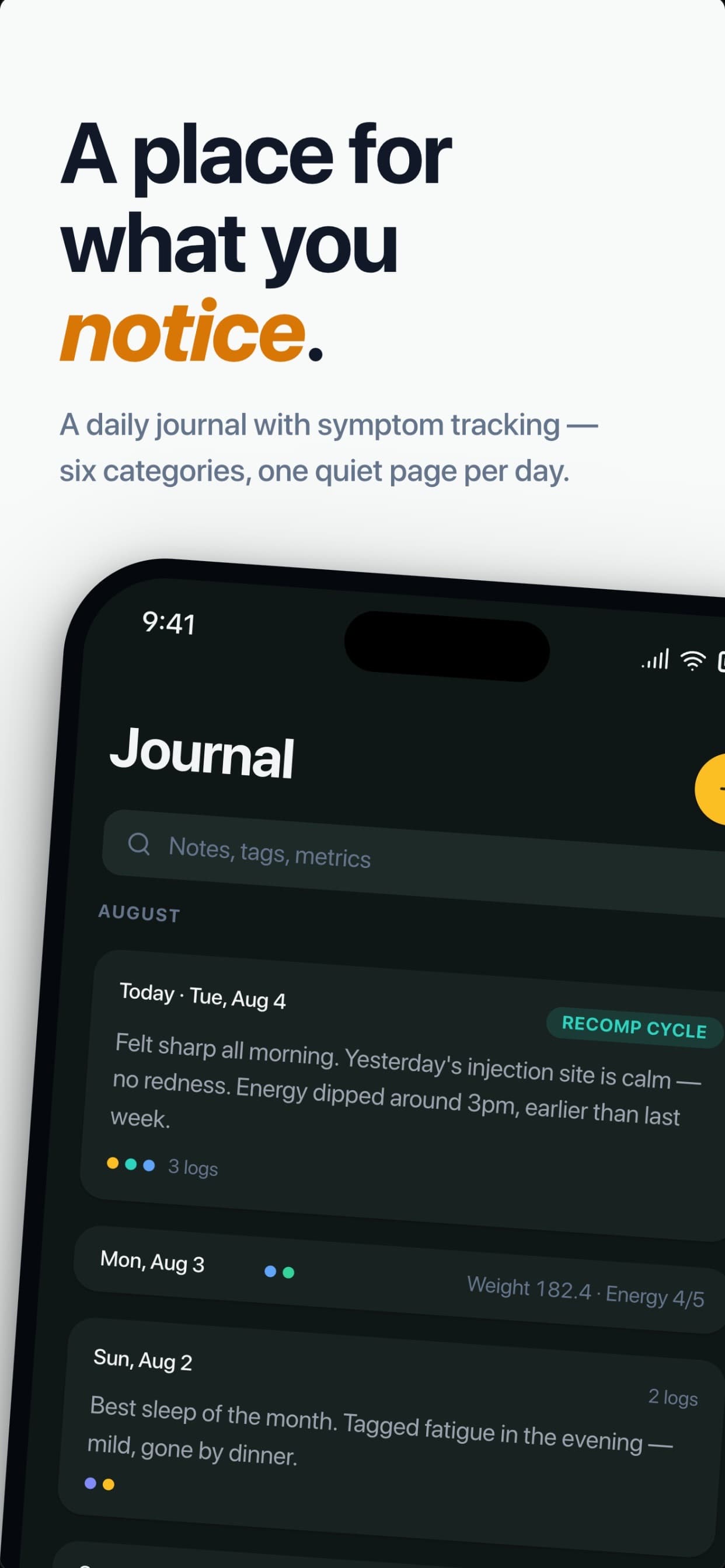 Daily journal entries logged alongside a protocol.